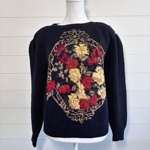 JH Collectibles Vintage 80s Navy Wool Floral Knit‎ Puff Shoulder Cardigan L